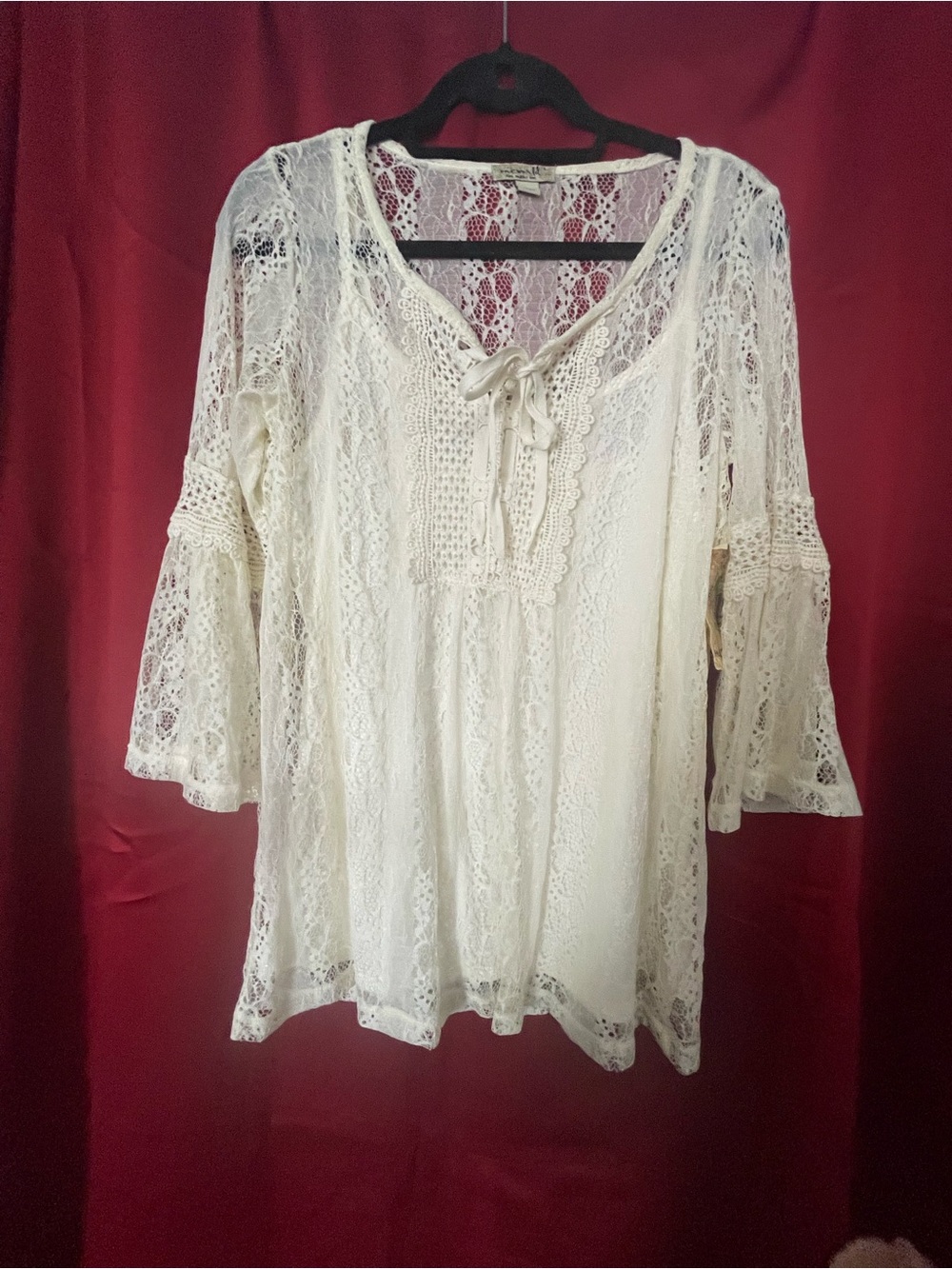 NEW w/ tags ONE WORLD Cream Lace Tie-Neck Bohemian Tunic